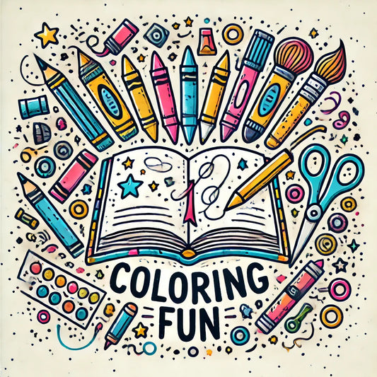 Stack of colorful activity books with playful designs, pencils, and doodles around them, symbolising creativity and fun for all ages 