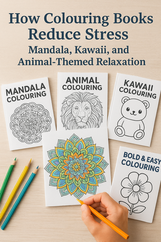 Range of adult colouring books for stress relief—mandala, kawaii, animal, and bold & easy—styled on a desk with pencils.