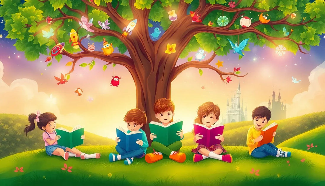 a group of kids sitting underneath a big tree in a colourful garden reading books