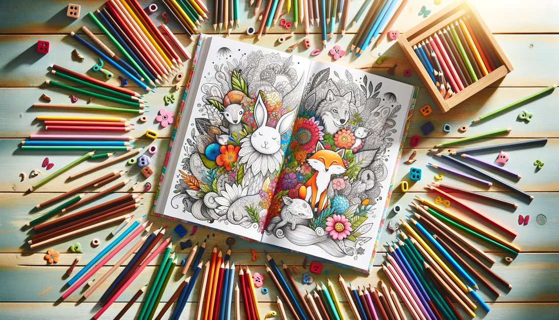 colourful open books and pencils on a bright table with playful animal drawings
