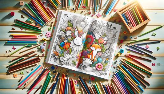 colourful open books and pencils on a bright table with playful animal drawings